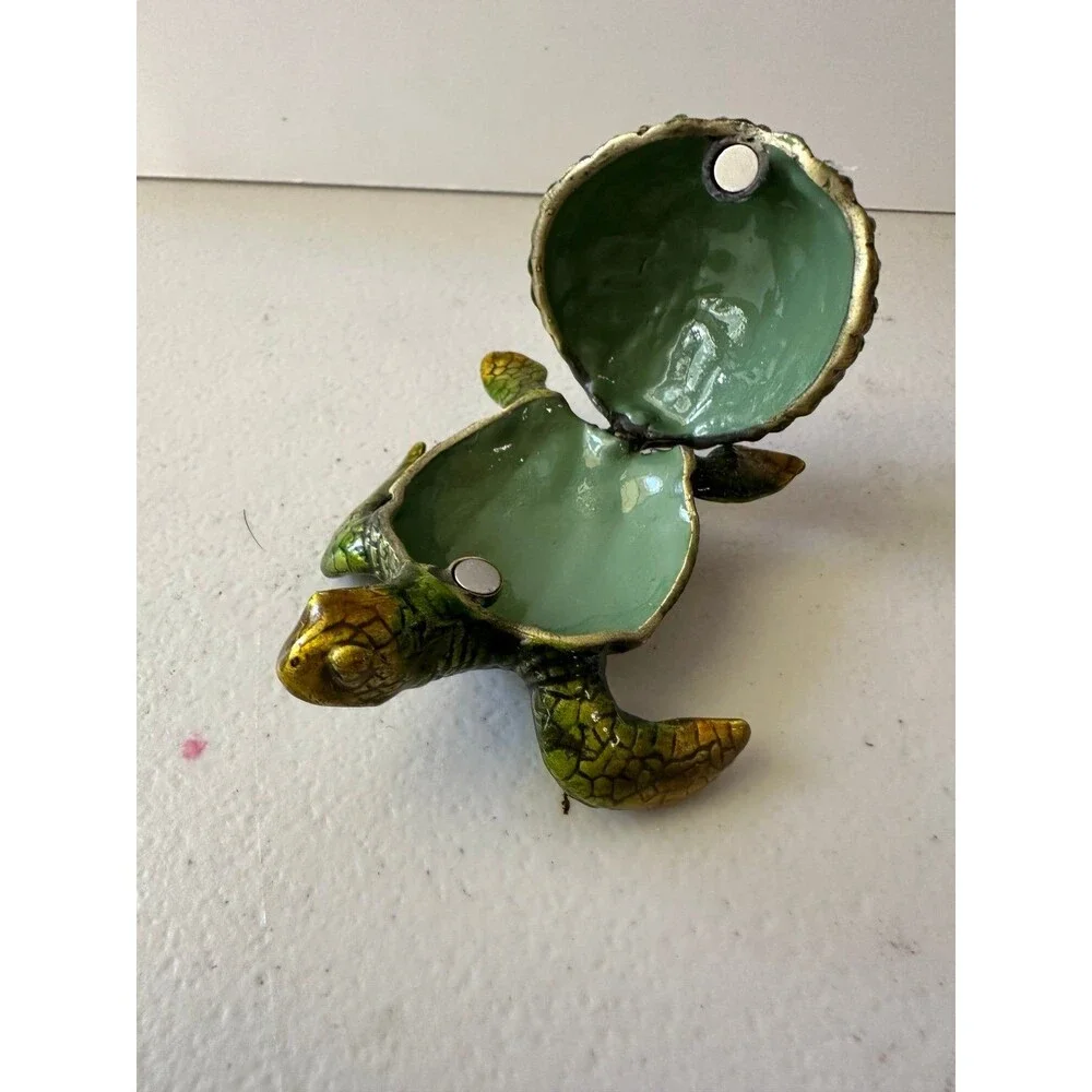 Bejeweled Green Sea Turtle Hand Painted Enamel Magnetic Hinged Trinket Box